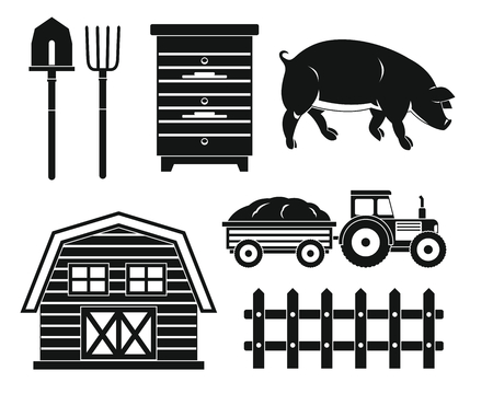 Farm black silhouette set isolated on white background. Elements for illustration, infographics, logos and banners.のイラスト素材