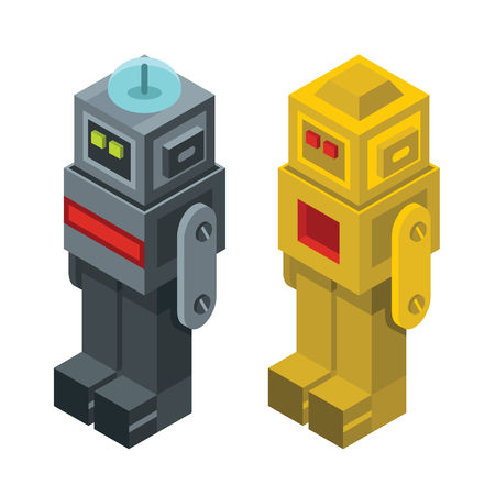 Isometric robots. Vector illustration. Elements for isometric illustration, infographics, logos and banners with robots and factoryのイラスト素材