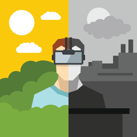 Virtual reality. New technologies and on line gaming. Mobile and computer systems. Digilal reality. Vector flat illustrationのイラスト素材