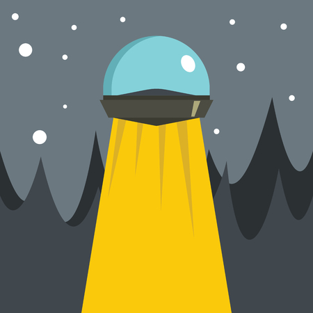 Flat cartoon vector illustration with ufo abduction on dark sky in the townのイラスト素材