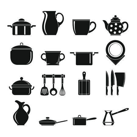 Set flat black silhouette dishes items. Elements for kitchen and home design, infographics, labels, advertising and web sites.のイラスト素材