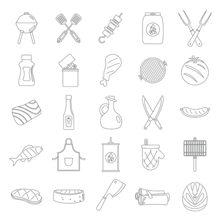 Bbq grill black thin line decorative icons set with barbeque and cooking utensil isolated vector illustration in line style for webのイラスト素材