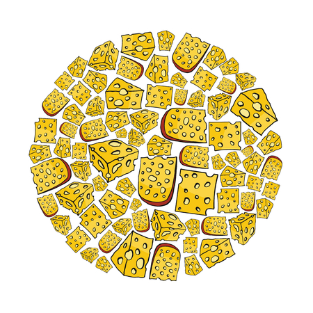 Cheese cartoon icons set on circle. Cheese vector illustration for design and web isolated on white background. Cheese vector object for labels, logos and advertisingのイラスト素材