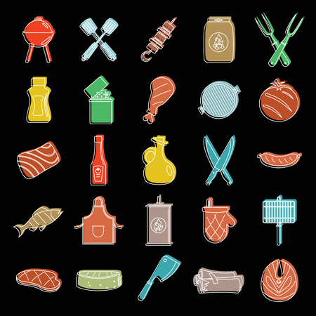 Barbecue grill and food set doodle vector illustration for design and web isolated on black background.のイラスト素材