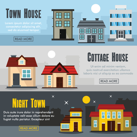 Set of three horizontal house banners with colorful images of town house with text vector illustration. Banners for cottage house design and webのイラスト素材
