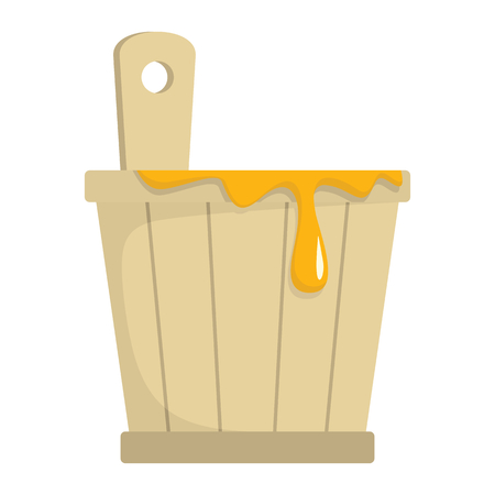 Wooden pail with honey icon in flat style vector illustration for design and web isolated on white background. Wooden pail with honey vector object for label and advertisingのイラスト素材