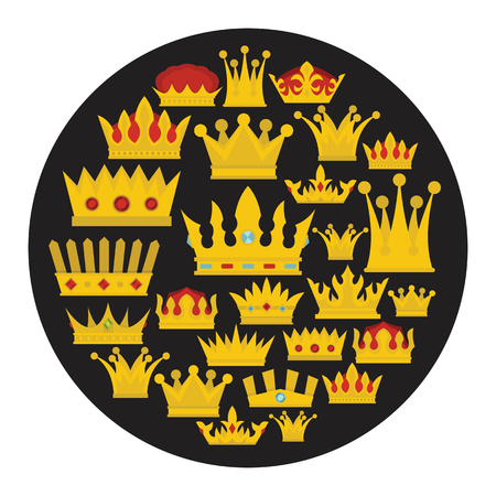 Gold crown cartoon icons set vector illustration for design and web isolated on black circle background. Gold crown vector object for labels, logos and advertising.のイラスト素材