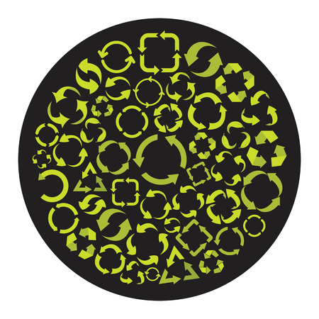 Ecology recycle cartoon icons set vector illustration for design and web isolated on black circle background. Ecology recycle vector object for labels, logos and advertising.のイラスト素材
