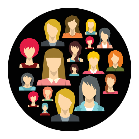 Woman avatar cartoon icons set vector illustration for design and web isolated on black circle background. Woman avatar vector object for labels, logos and advertising.のイラスト素材