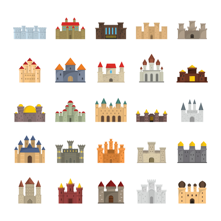 Medieval castles flat icons set vector illustration for design and web isolated on white background. Medieval castles vector object for label and advertisingのイラスト素材