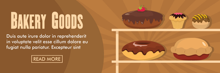 Bakery goods horizontal banner. Bakery goods with pie and cake vector illustration in flat style for webのイラスト素材