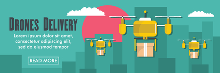 Drone horizontal banner. Drones delivery vector illustration in flat style for webのイラスト素材