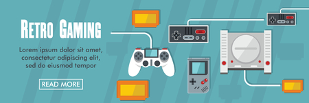 Retro games horizontal banner. Retro games vector illustration in flat style for webのイラスト素材