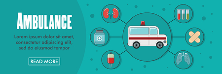 Ambulance horizontal banner. Ambulance vector illustration in flat style for webのイラスト素材