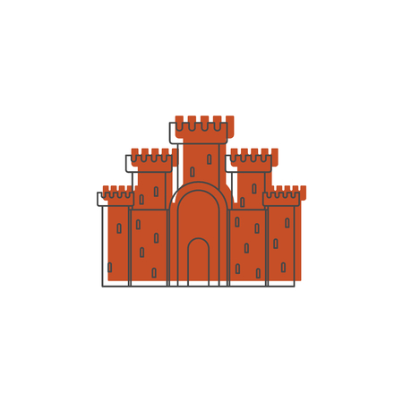 Medieval stone castle with fortified wall and towers icon. Doodle illustration of Medieval castle vector icon for web isolated on white backgroundのイラスト素材