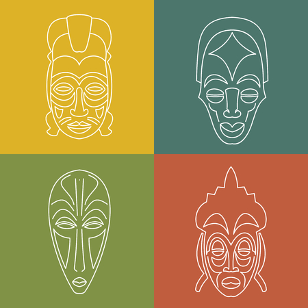 Set of African Ethnic Tribal masks on colour background. . White line icons. Ritual symbols.のイラスト素材