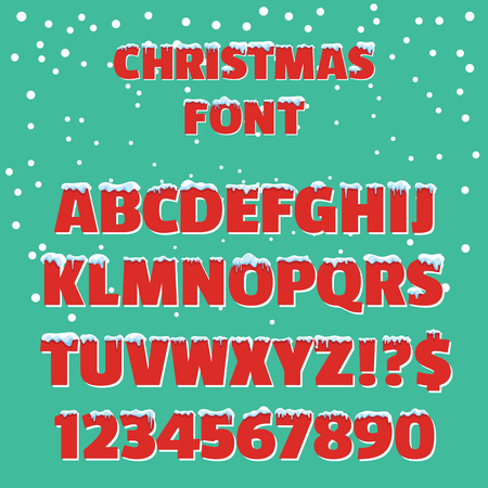 Christmas holiday vector red font. Christmas font with snow and ice, abc and digit illustration on green background. Retro 3d font with snow caps.のイラスト素材