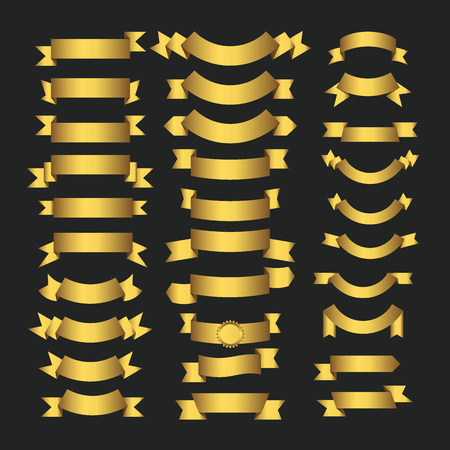 Golden ribbons and gold award banners set on black background. Set of yellow ribbon banner, illustration of golden blank ribbon decoration for designのイラスト素材
