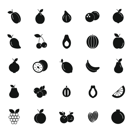 Fruit black silhouette icons set. Vector illustration of fruits and berries in silhouette stile. Object for advertising and webのイラスト素材