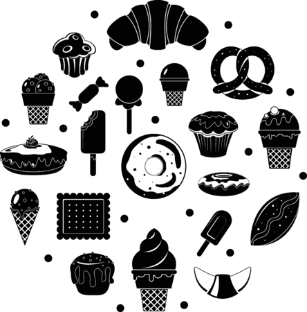 Black sweet desserts like cakes and candies icons formed like a donut.のイラスト素材