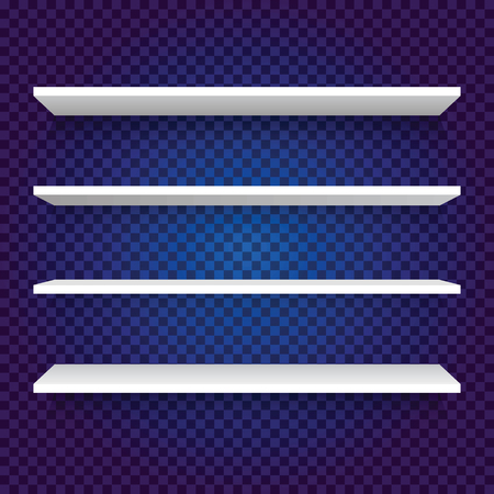 Empty white shop shelf isolated on blue background. Realistic shelf for interior gallery and shop, vector illustrationのイラスト素材