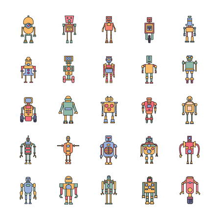 Robots cartoon Icons set. Vector illustration with mechanic and elecrtic robots in color cartoon style. Technology objects.のイラスト素材