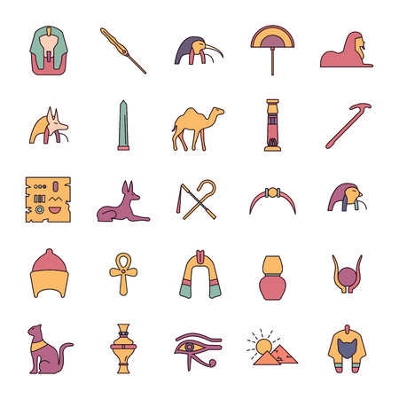 Egypt cartoon Icons set. Vector illustration with Egypt object with pharaoh, mummy and camel. Egypt culture and traditions. Historic objects.のイラスト素材