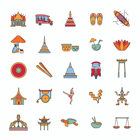 Thailand line icons set isolated on white background. Vector illustration with Thailand architecture, food and culture elements web icons in cartoon style.のイラスト素材