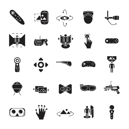 Virtual reality and accessories line icons set isolated on white background. Vector illustration with virtual reality, helmet, vr weapon, web icons in black simple silhouette style.のイラスト素材