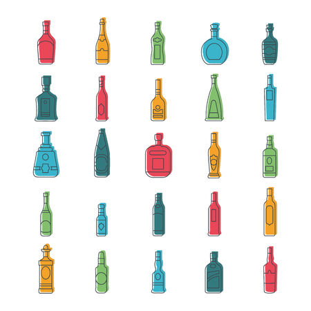 Alcohol bottles doodle icons set. Vector illustration alcohol drinks in bottles. Object for advertising and webのイラスト素材