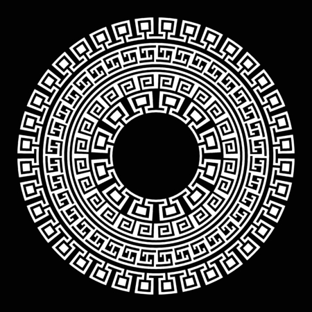 Ancient Greek round meander key white and black vector pattern. Illustration of greek ancient frame round pattern on black backgroundのイラスト素材