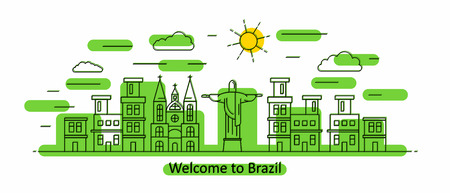 Brazil panorama. Brazil vector illustration in outline style with buildings and city architecture. Welcome to Brazil.のイラスト素材