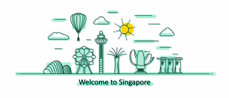 Singapore panorama. Singapore vector illustration in outline style with buildings and city architecture. Welcome to Singapore.のイラスト素材