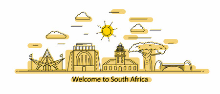South Africa panorama. South Africa vector illustration in outline style with buildings and city architecture. Welcome to South Africa.のイラスト素材
