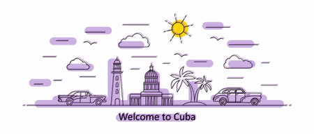 Cuba panorama. Cuba vector illustration in outline style with buildings and city architecture. Welcome to Cuba and Gavana.のイラスト素材