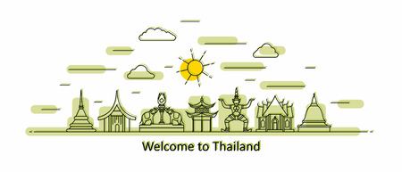 Thailand panorama. Thailand vector illustration in outline style with buildings and city architecture. Welcome to Thailand.のイラスト素材