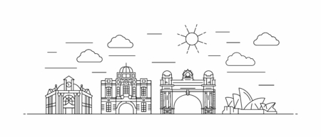 Australia panorama. Australia vector illustration in outline style with buildings and city architecture. Welcome to Australia.のイラスト素材
