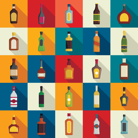 Alcohol bottle icons set. Alcohol bottle vector icons set in flat style for web and advertisingのイラスト素材
