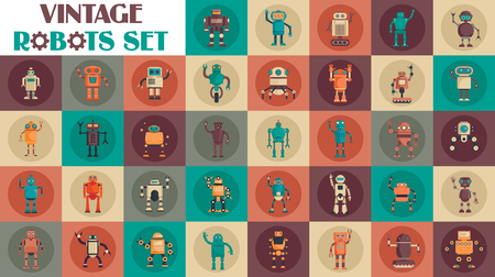 Vintage robots set. Retro flat robots set on color background. Retro technic. Vintage steampunk.のイラスト素材