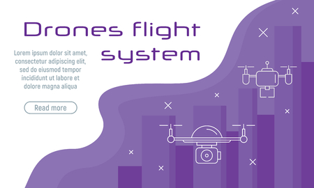 Digital entertainment flight drone concept, aerial photo surveillance copter or delivery flying vector illustration poster. Flat outline banner with droneのイラスト素材