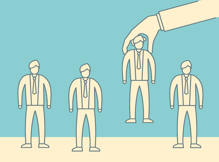 Choice employer in vintage outline style. Big hand choosing man from selected people group. Human recruitment hunting illustration, selecting choicing candidate for job vector conceptのイラスト素材