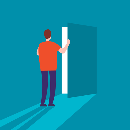 Man opens the door flat vector illustration. Secret door opportunity, accessible entering concept. Risk solution and leadership vector pictureのイラスト素材