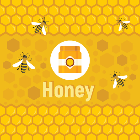 Flat honey logo and background with vector bee, honey jars and honeycombs in apiary background. Vector concept apiaryのイラスト素材