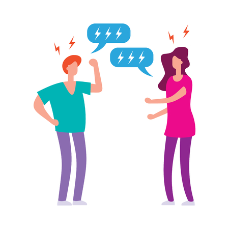 Angry man and woman couple have quarrel flat illustration. Unhappy family conflict, misunderstanding, disagreement in relationship conceptのイラスト素材