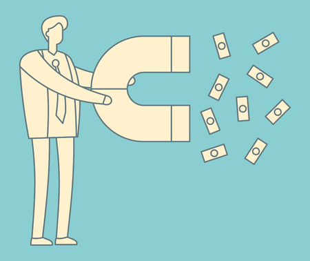 Lead generation outline concept. Magnet in hand attracts money. Sales and leads, marketing vector vintage illustration. Magnet attract money, marketing development vector retro conceptのイラスト素材