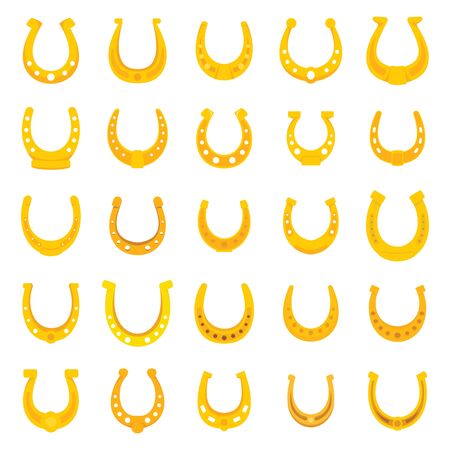 Shiny yellow golden horseshoe flat icons, lucky symbols set isolated on white background illustrationのイラスト素材