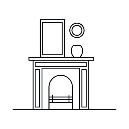 Interior with fireplace, shelves, vase, mirror. Vector Interior with fireplace, shelves, vase, mirror in outline style isolated on white background. Element for web, game and advertisingのイラスト素材