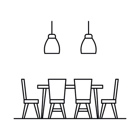 Interior with table, chair, lamp, dining room. Vector Interior with table, chair, lamp, dining room in outline style isolated on white background. Element for web, game and advertisingのイラスト素材