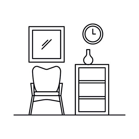 Interior with armchair, chair, mirror, shelves, whatnot, pot, clock. Vector Interior with armchair, chair, mirror, shelves, whatnot, pot, clockin outline style isolated on white background.のイラスト素材