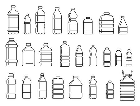 Plastic bottles for water outline icons set. Vector Plastic bottles for water outline collection isolated on white background for web and advertisingのイラスト素材